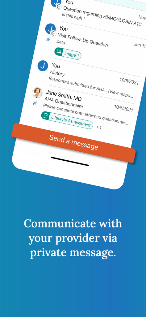 Secure messaging interface in the My Premise Health app showing a private conversation history with a medical provider and a send a message button.