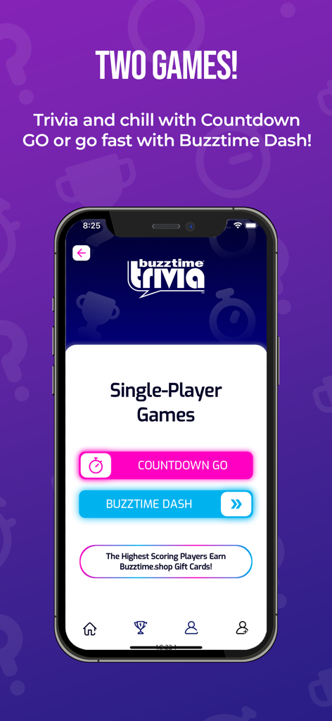 Buzztime Trivia - A screen of the Buzztime Trivia app displaying single-player game options including Countdown GO and Buzztime Dash.