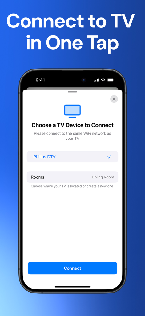 Universal Remote Control TV ・ - Pantalla de configuración de la app Control Remoto Universal para TV en iPhone conectándose a un Philips DTV en una sala de estar