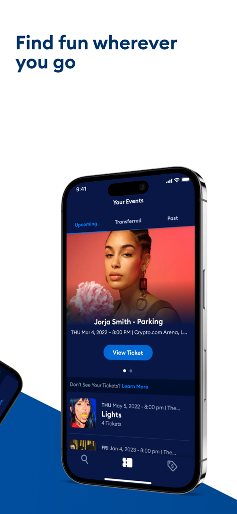 Smartphone-Bildschirm, der bevorstehende Event-Tickets und den Abschnitt 'Meine Events' in der AXS App anzeigt.