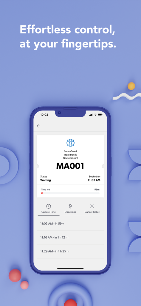 Skiplino - Skiplino mobile app showing a digital ticket with estimated wait time and booking status.