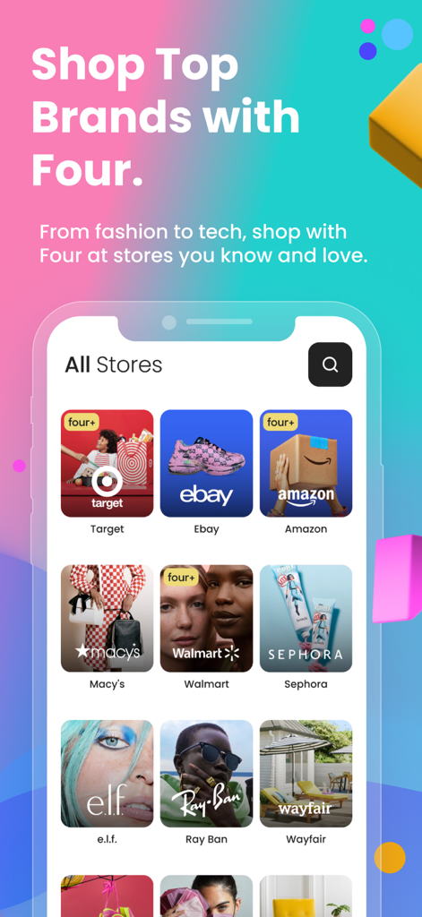 Smartphone screen showing the Four app store directory with major retailers like Amazon Target and Sephora