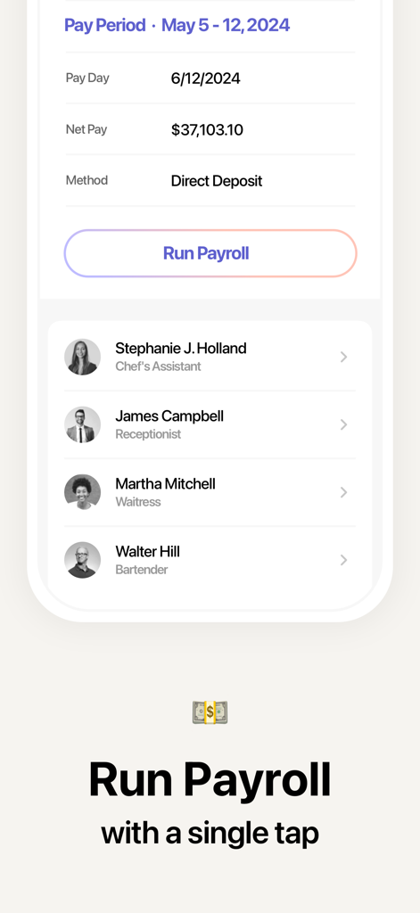Atto - Time Clock & Scheduling - Interface of Atto app showing the run payroll feature with a list of employees and total net pay summary