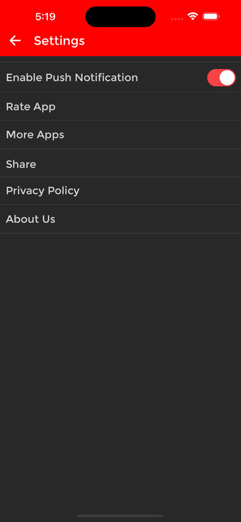 TheMemeTv - Settings screen of TheMemeTv app with options for push notifications and information