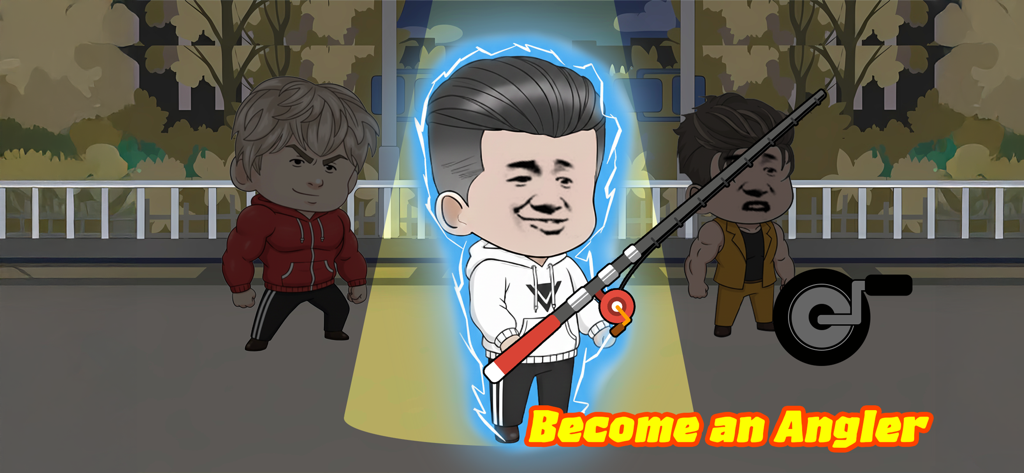 Fishing Mega Battle - Fishing Mega Battleゲームで、「Become an Angler」というテキストを持って釣り竿を持つ主人公。