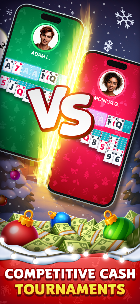 Two players competing in a head to head Solitaire Smash cash tournament with a winter holiday theme