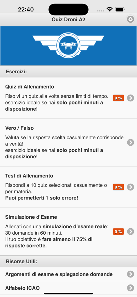 Quiz Droni A2 - Quiz Droni A2 app home screen showing training quizzes and exam simulations for drone pilot certification