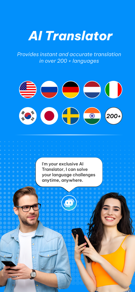 Interfaz de la aplicación AI Translator mostrando varias banderas de países y dos personas usando teléfonos inteligentes para traducir
