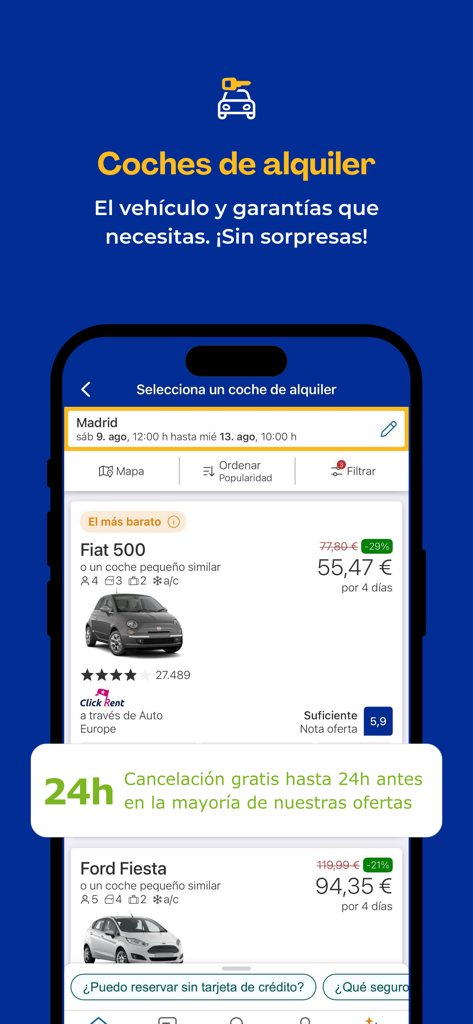 CHECK24 España - Mobile screen showing car rental deals in Madrid on the CHECK24 España app