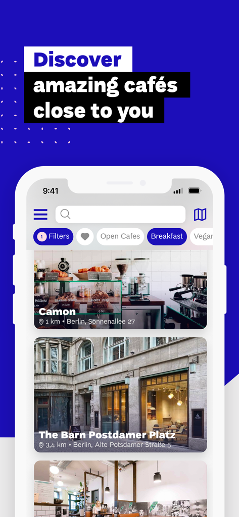 European Coffee Trip app interface showing curated specialty cafes in Berlin with filters for breakfast and vegan options