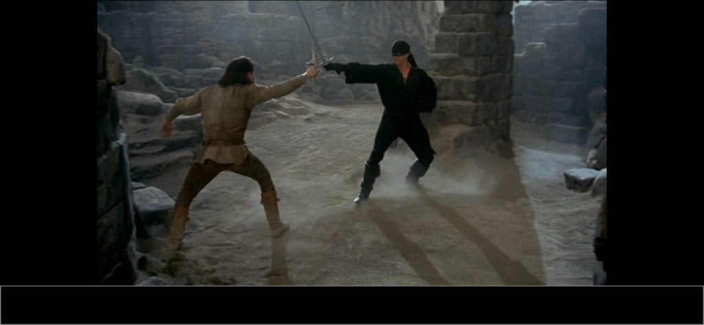 Reproducción de película a pantalla completa que muestra una escena de lucha de espadas en VLC Streamer