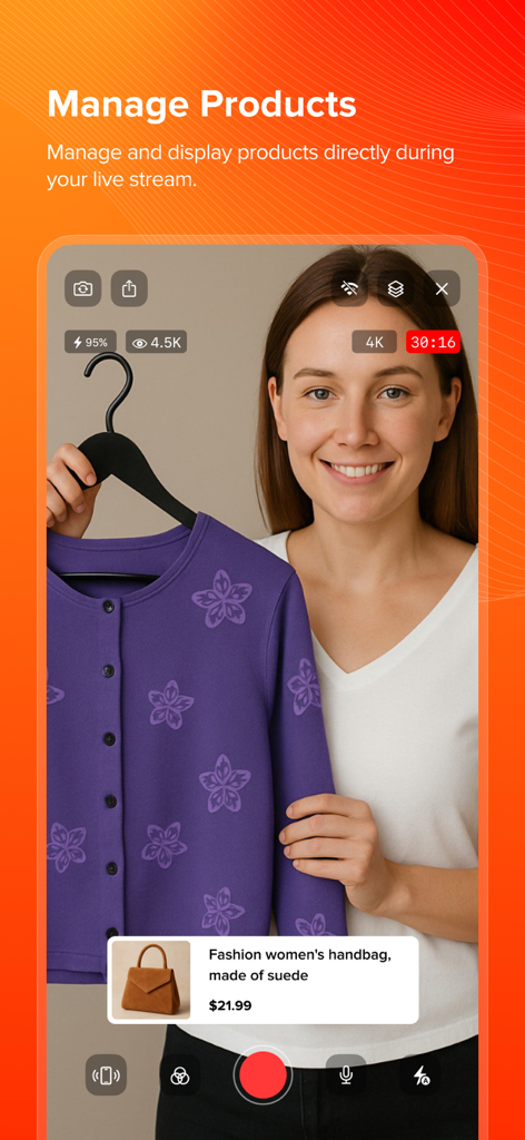 Live Now - Live Stream - A woman live streaming while showcasing a purple sweater with a product overlay for a handbag and price displayed on screen.