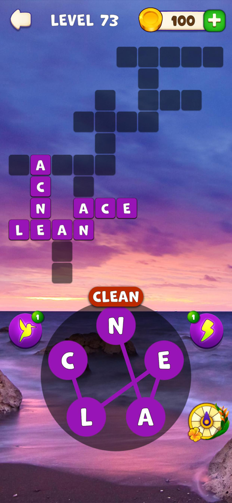 Words of Paradise - Words of Paradise mobile word connect game featuring a crossword puzzle over a scenic sunset beach background.