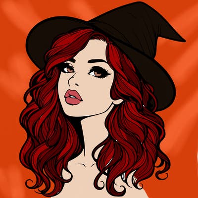 realistic witch girl with wavy hair and lips