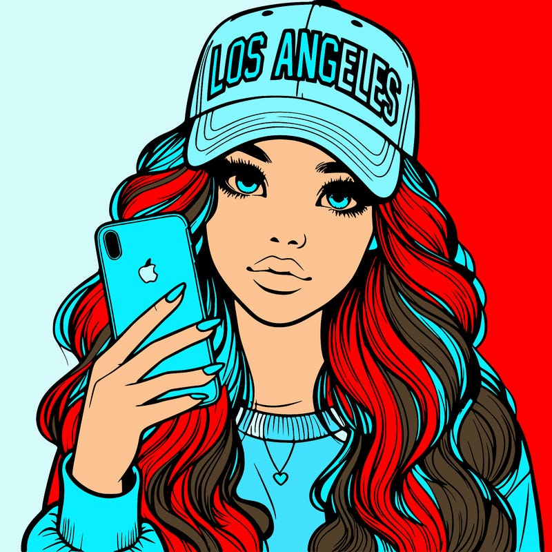 realistic beautiful girl wearing los ángeles cap holding an iphone