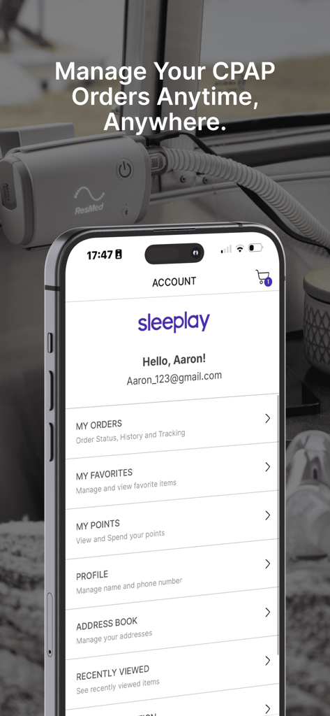 Sleeplay - Account dashboard in the Sleeplay app for managing CPAP orders and profile information