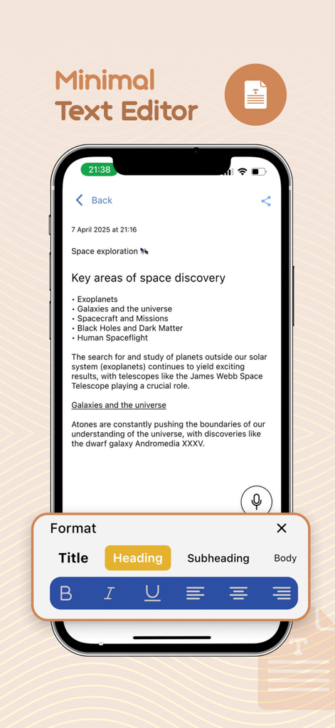 Um smartphone mostrando a interface minimalista do editor de texto do aplicativo Notely Voice com uma barra de ferramentas de formatação para anotações.