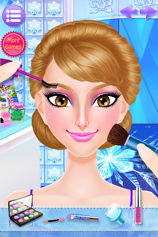 A blonde princess receiving a makeup makeover with a brush and mascara in a beauty spa game