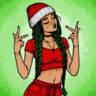 realistic teenage girl with braids and a beanie and crop top doing 🫶🏼