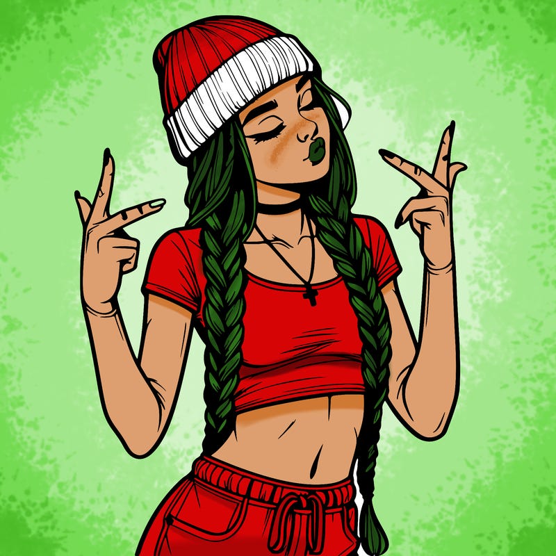 realistic teenage girl with braids and a beanie and crop top doing 🫶🏼