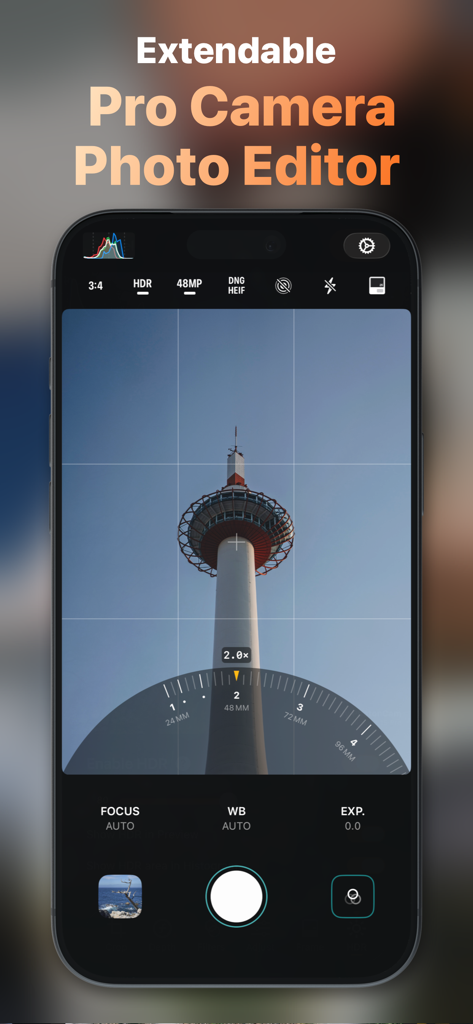 PhotonCam: Extendable Pro Cam - Interfaz de cámara profesional PhotonCam que muestra controles manuales de enfoque, balance de blancos y exposición en un iPhone