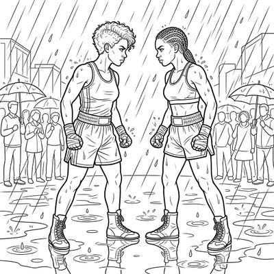 Witness the intense pre-fight staredown between two powerful boxers, set against the dramatic backdrop of a rainy day. This captivating coloring page captures the raw emotion and anticipation before the match.