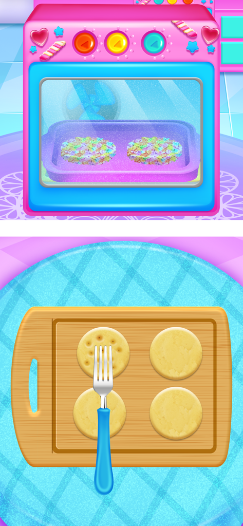 Ice Cream Sandwich Shop - A pink toy oven baking rainbow cookies and a blue fork poking round cookie dough on a wooden board.