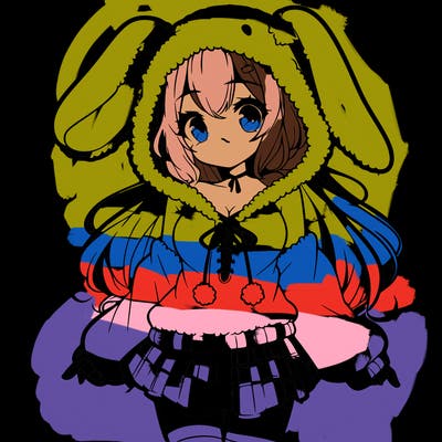 pretty anime girl wearing a fluffy hoodie with bunny ears on the hood and a skirt