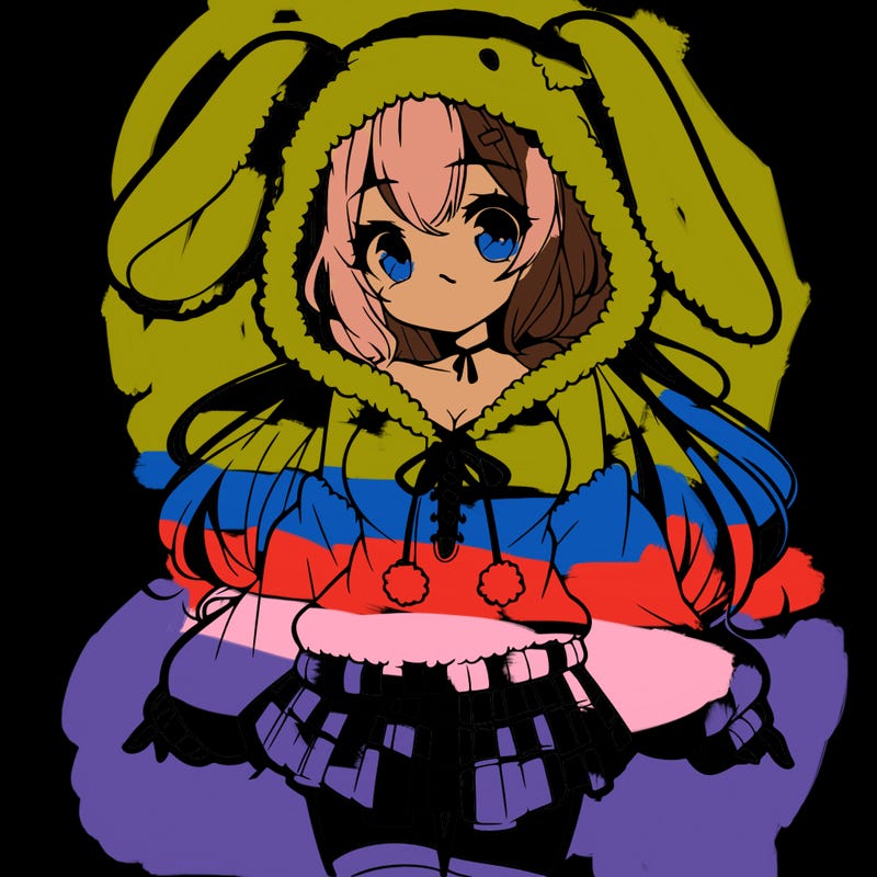 pretty anime girl wearing a fluffy hoodie with bunny ears on the hood and a skirt