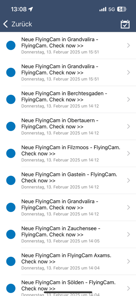 A list of cam news and flying cam notifications for different mountain locations in the feratel webcams app interface.