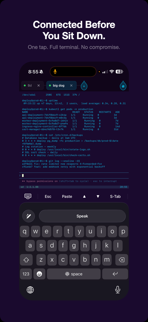 Shell Drop - Shell Drop mobile SSH terminal showing kubectl and git commands with a developer keyboard.