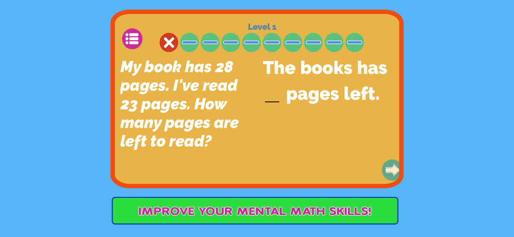 A mental math word problem interface showing a subtraction quiz for kids on an educational app.