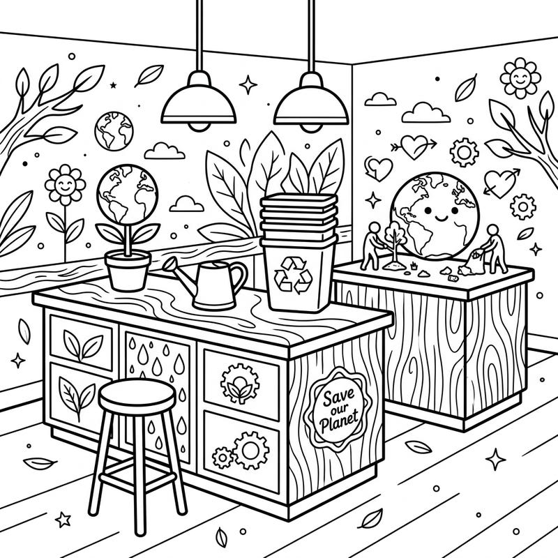 Bring vibrant life to your kitchen-themed coloring with a special Earth Day twist! This unique design combines functional island layouts with inspiring environmental messages, perfect for all ages.