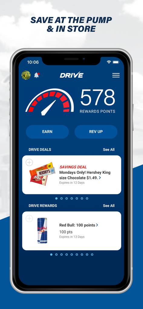 Murphy Drive Rewards - Murphy Drive Rewards app interface showing earned points and exclusive deals for snacks and beverages