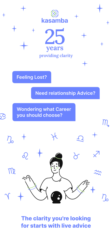 Kasamba app promotional screen showing 25 years of providing clarity through live psychic advice for relationships and career