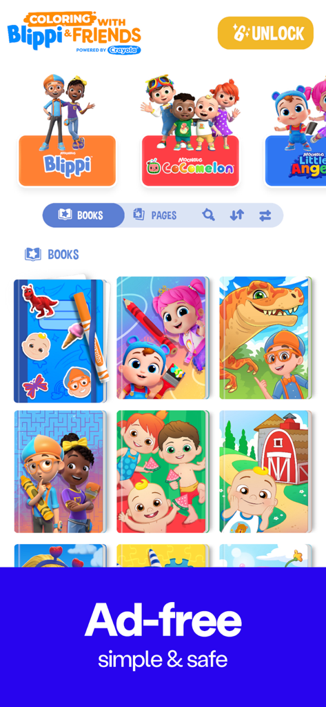 Coloring with Blippi & Friends - Menú principal de la aplicación Colorea con Blippi y Amigos que muestra una biblioteca de libros para colorear y un banner seguro sin anuncios