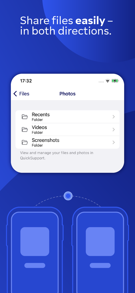 TeamViewer QuickSupport - Screenshot of TeamViewer QuickSupport app interface showing bidirectional file and photo sharing with folders for videos and screenshots.