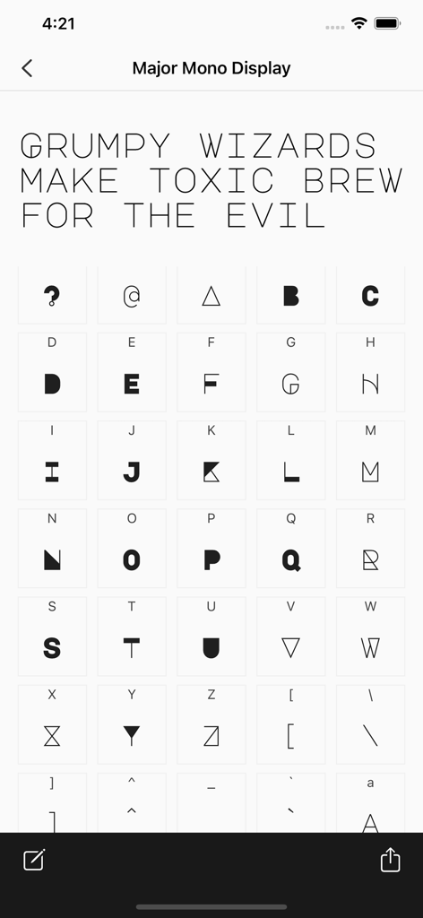 Fontasy - Font Browser - Interface of Fontasy app showing Major Mono Display font character grid and text preview