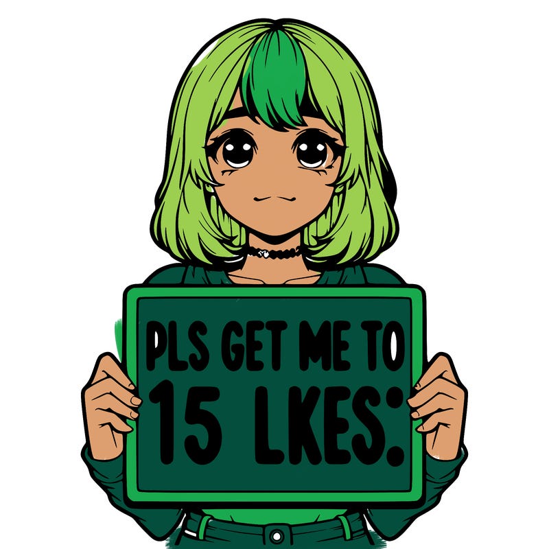 realistic girl holding up a sign that says “pls get me to 15 likes!”