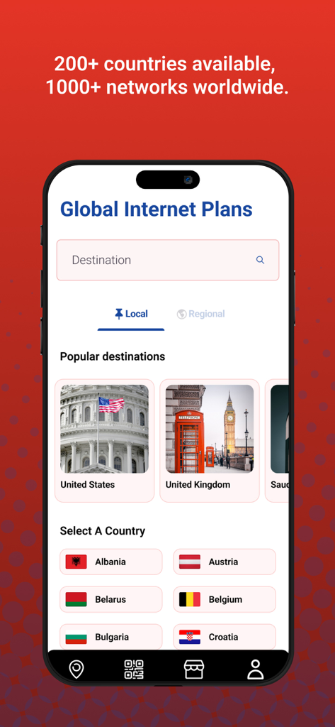 Mobile app interface of L2 Travel SIM showing global internet plans and popular destinations for eSIM activation.