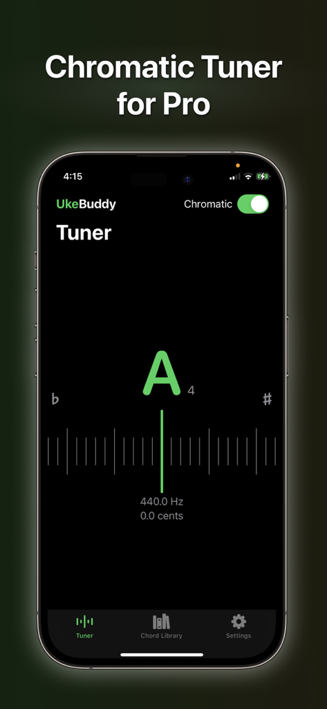 Uke Tuner: Song Chord Ukulele - Professional chromatic tuner interface for ukulele showing note A4 at 440 Hertz