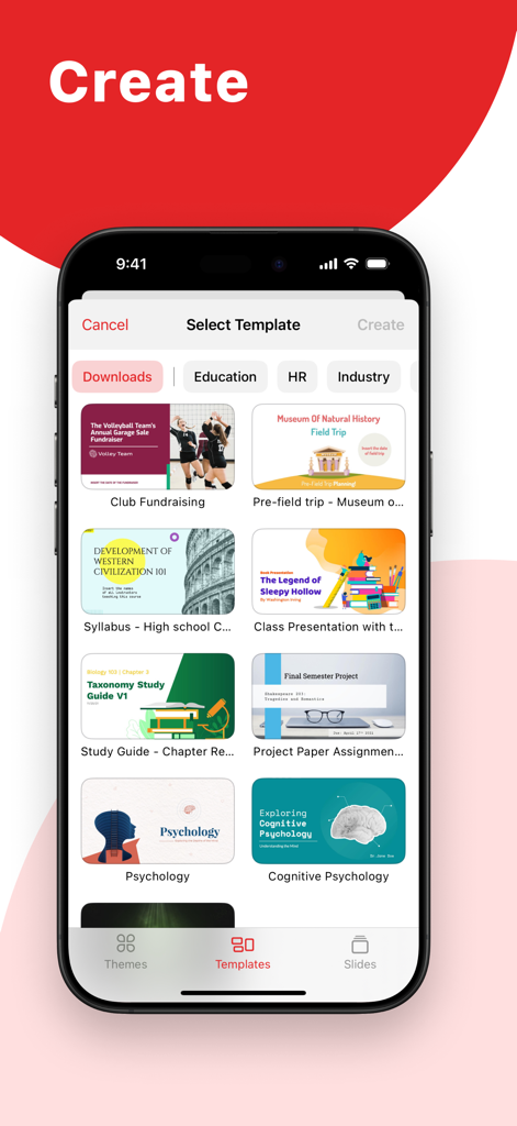Uma biblioteca de modelos de apresentação profissionais e educacionais na interface do aplicativo móvel Zoho Show.