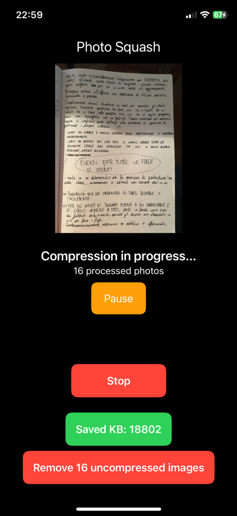 Photo Squash - Oberfläche der Photo Squash-App, die den Fortschritt der Medienkomprimierung mit einer Anzeige des gespeicherten Speicherplatzes zeigt
