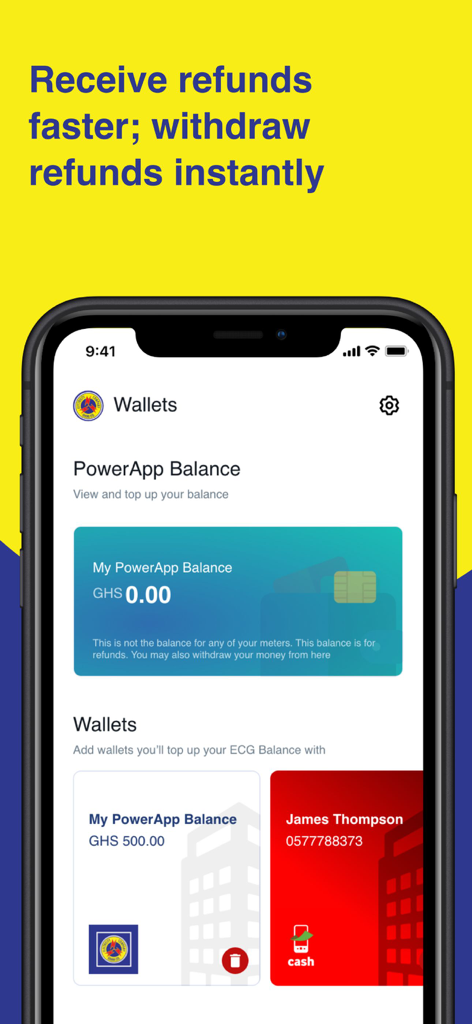ECG PowerApp wallet screen showing account balance and instant refund withdrawal options