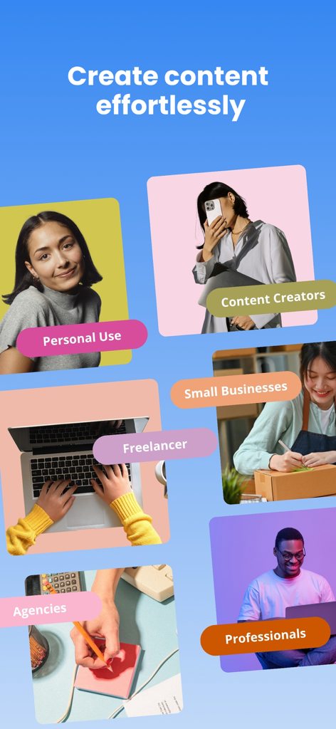 Reels & Story Maker: Storybeat - Storybeatのさまざまなユーザータイプを示すコラージュ。個人利用、コンテンツクリエイター、フリーランサー、中小企業、代理店が含まれます。