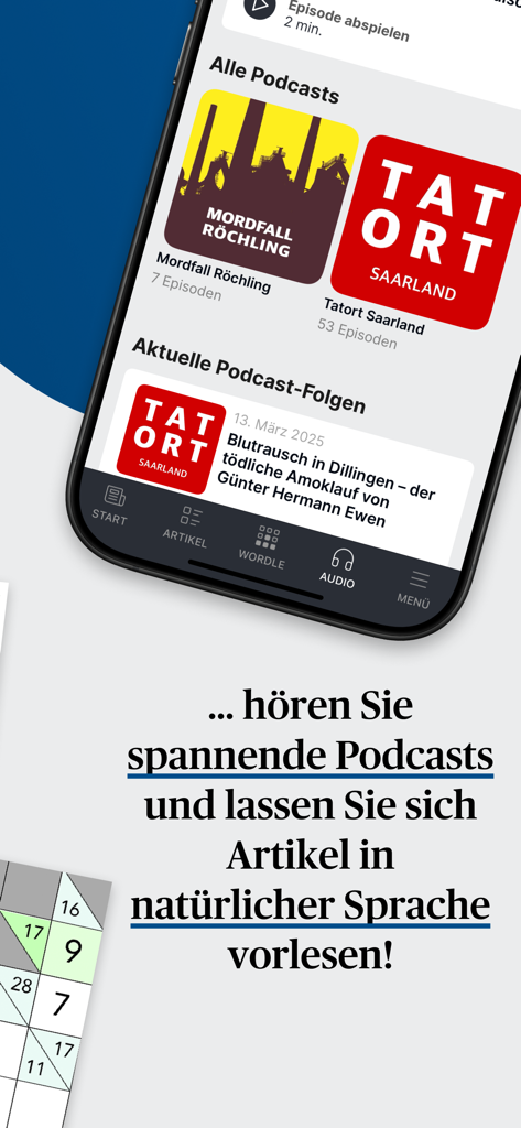 Interface of the SZ ePaper app showing various podcast titles and audio features