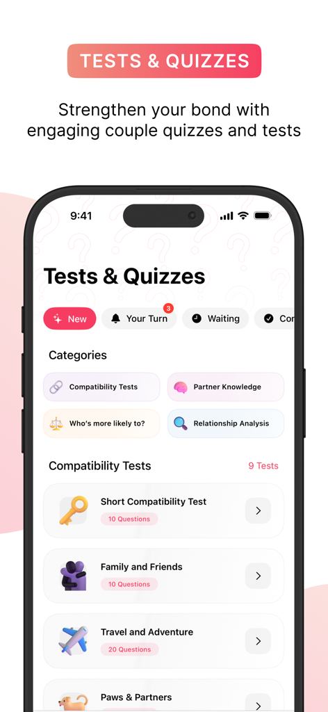 Luvy - Couples & Relationship - Luvy App-Oberfläche mit verschiedenen Beziehungstests und Quizzen für Paare