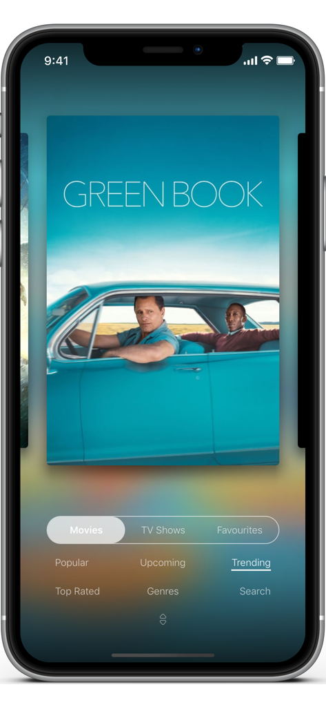 The Movie Finder mobile app interface showing the trending movies section with a poster for Green Book