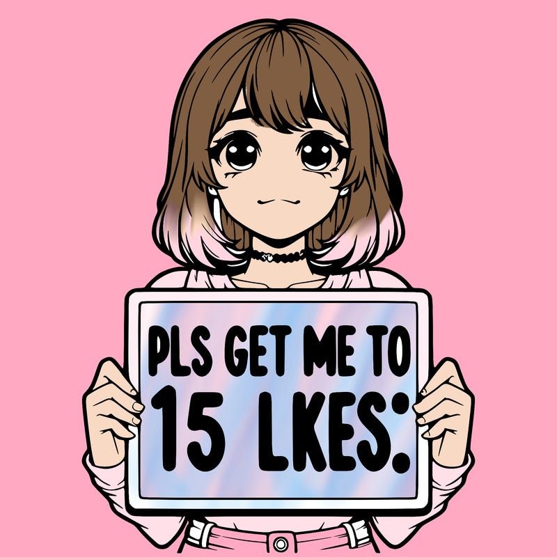 realistic girl holding up a sign that says “pls get me to 15 likes!”