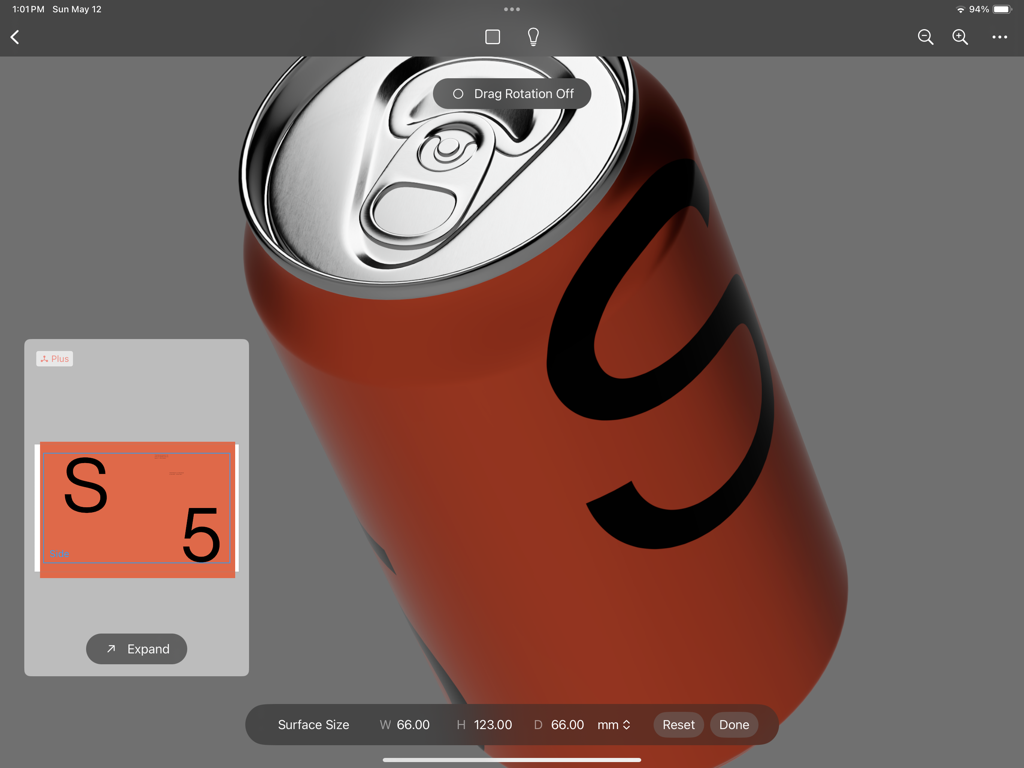 LiveSurface Vision - Graphic design software interface showing a realistic 3D orange soda can mockup with custom typography visualization.